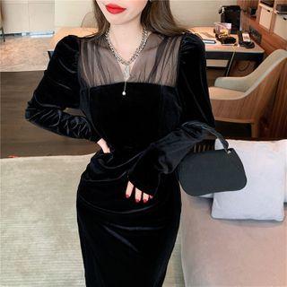 Long-sleeve Mesh Trim A-line Dress