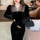 Long-sleeve Mesh Trim A-line Dress