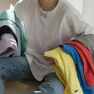 Plain Round-neck Slit Long-sleeve Tee