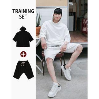 Set:3/4-sleeve Hoodie T-shirt + Drawstring-waist Sweat Shorts