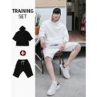 Set:3/4-sleeve Hoodie T-shirt + Drawstring-waist Sweat Shorts