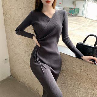 V-neck Drawstring Knit Midi Bodycon Dress