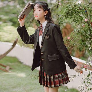 Set: Logo Blazer + Plain Shirt + Plaid Mini Pleated Skirt
