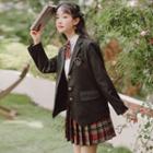 Set: Logo Blazer + Plain Shirt + Plaid Mini Pleated Skirt