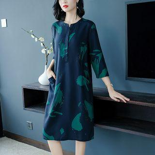 3/4-sleeve Patterned Midi Shift Dress