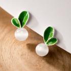 Leaf Faux Cat Eye Stone Sterling Silver Earring 1 Pair - Green & White - One Size