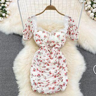 Off Shoulder Floral Ruched Sheath Mini Dress