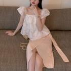Cold-shoulder Blouse / Midi A-line Skirt