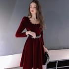 Long-sleeve Scallop Neckline A-line Velvet Dress