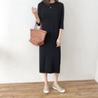 3/4-sleeve Ribbed Midi Knit Dress