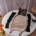 Set: Spaghetti Strap Lace Panel Sheath Dress + Shirred Arm Sleeves
