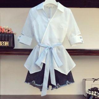 Distressed Denim Shorts / Elbow-sleeve Wrap Blouse / Camisole Top / Set