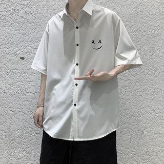 Smiley Face Print Elbow-sleeve Shirt