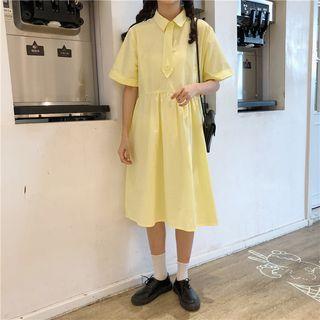 Short-sleeve Plain Tie-neck Dress