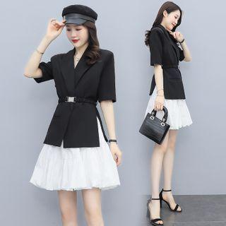Set: Short-sleeve Blazer + Mini A-line Mesh Skirt