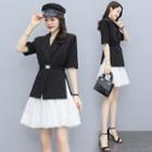Set: Short-sleeve Blazer + Mini A-line Mesh Skirt