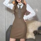 Mock Two-piece Puff-sleeve Collared Sheath Dress