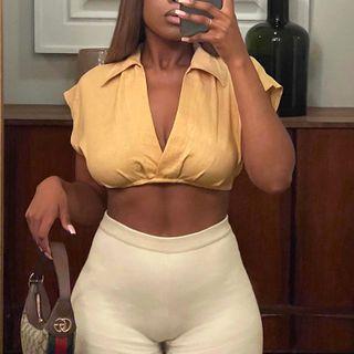 Cap-sleeve Collared Plunge Crop Top