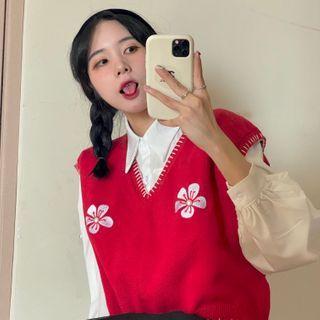 Long-sleeve Plain Shirt / Floral Embroidered Sweater Vest / Mini A-line Skirt