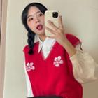 Long-sleeve Plain Shirt / Floral Embroidered Sweater Vest / Mini A-line Skirt