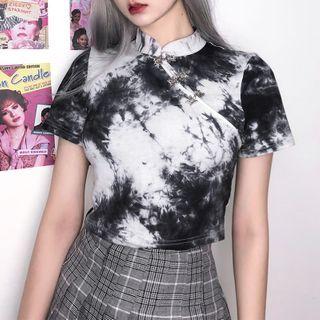 Tie-dyed Mandarin Collar Short-sleeve Cropped Top