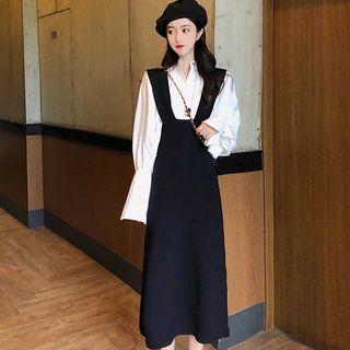 Balloon-sleeve Blouse / Knit Midi Pinafore Dress
