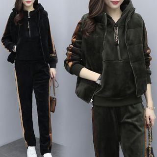 Set: Lettering Embroidered Velvet Hoodie + Padded Zip Vest + Sweatpants