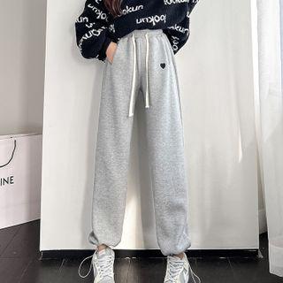 Heart Embroidered Drawstring Wide-leg Pants