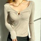 Ruched V Neck Long Sleeve Skinny Top