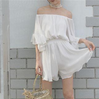 Off-shoulder Frill Gathered-waist Chiffon Plain Sheath Dress