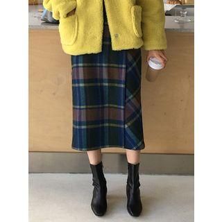 Wool Blend Plaid Long Wrap Skirt