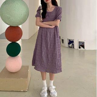 Round-neck Ruched Short-sleeve Dress Purple - One Size