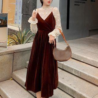 Bell-sleeve Lace Top / Velvet Midi A-line Overall Dress