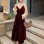 Bell-sleeve Lace Top / Velvet Midi A-line Overall Dress