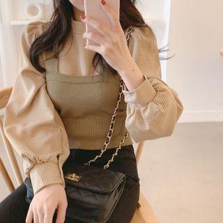 Mock-neck Plaid Blouse / Knit Camisole Top