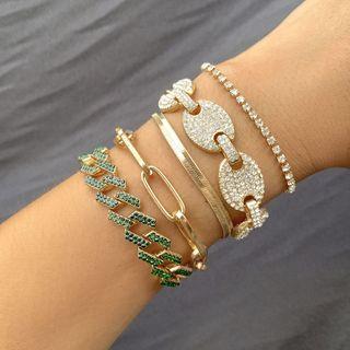 Set Of 5: Rhinestone Chunky Chain Bracelet 0461 - Set Of 5 - Gold - One Size