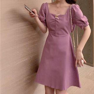 Short-sleeve Open-back Bow A-line Dress Purple - One Size