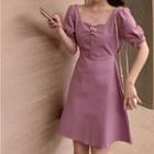Short-sleeve Open-back Bow A-line Dress Purple - One Size