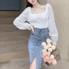 Puff-sleeve Eyelet Lace Panel Knit Top White - One Size