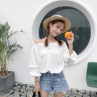 Off-shoulder Drawstring Chiffon Blouse