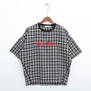 Lettering Embroidered Short-sleeve Plaid T-shirt