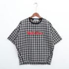 Lettering Embroidered Short-sleeve Plaid T-shirt