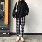 Stand Collar Buttoned Pullover / Cropped Plaid Pants