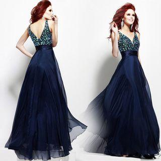 Deep V-neck Jeweled Accent Evening Dress