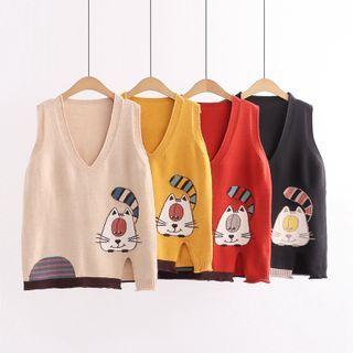 V-neck Cat Print Sweater Vest