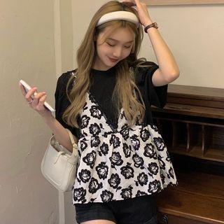 Mock Two-piece Elbow-sleeve Lace Trim Rose Print T-shirt