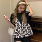 Mock Two-piece Elbow-sleeve Lace Trim Rose Print T-shirt