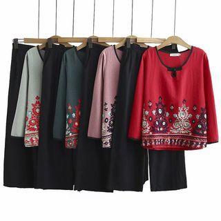 Set: Long-sleeve Embroidered T-shirt + Wide Leg Pants