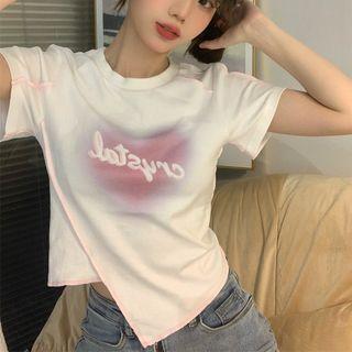 Short Sleeve Letter Print Asymmetrical Hem T-shirt T-shirt - White - One Size