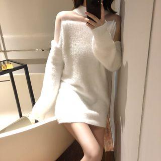Long-sleeve Mesh Panel Shearling Dress